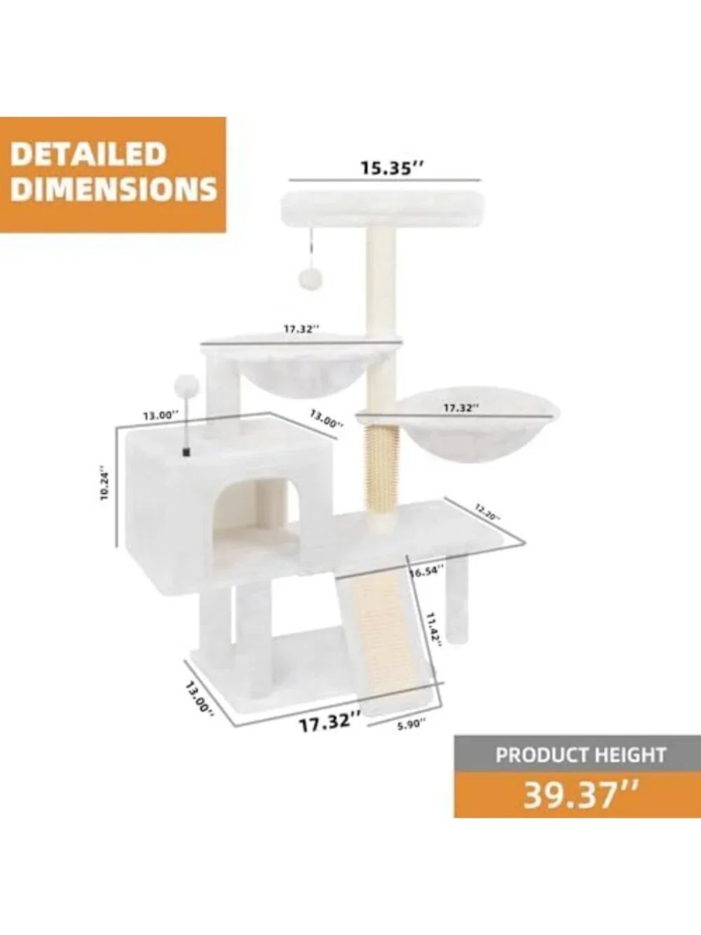 Cozy 3-Tier Grey Cat Tree Tower with Hammocks - Plush & Spacious 39.4